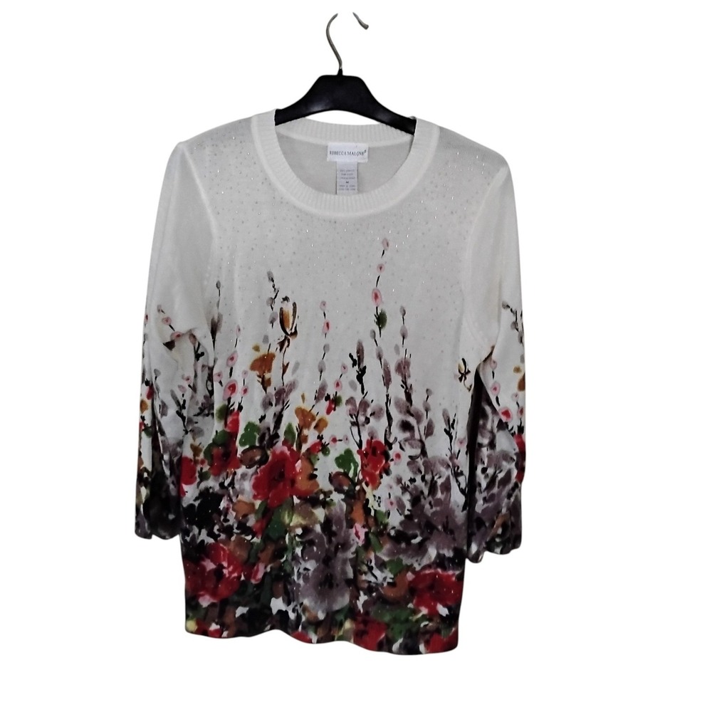 Rebecca Malone Womens Floral Knit Sweater Ivory Rhinestone 3/4 Sleeve Size M
